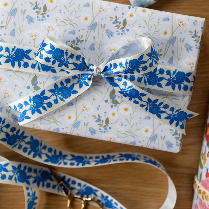 Blue Roses Satin Ribbon