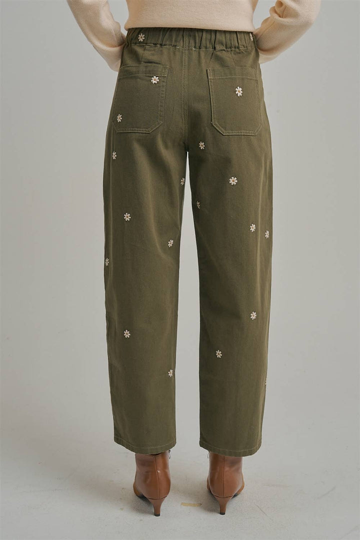 Floral Embroidered Slight Barrel Shaped Relaxed Pants