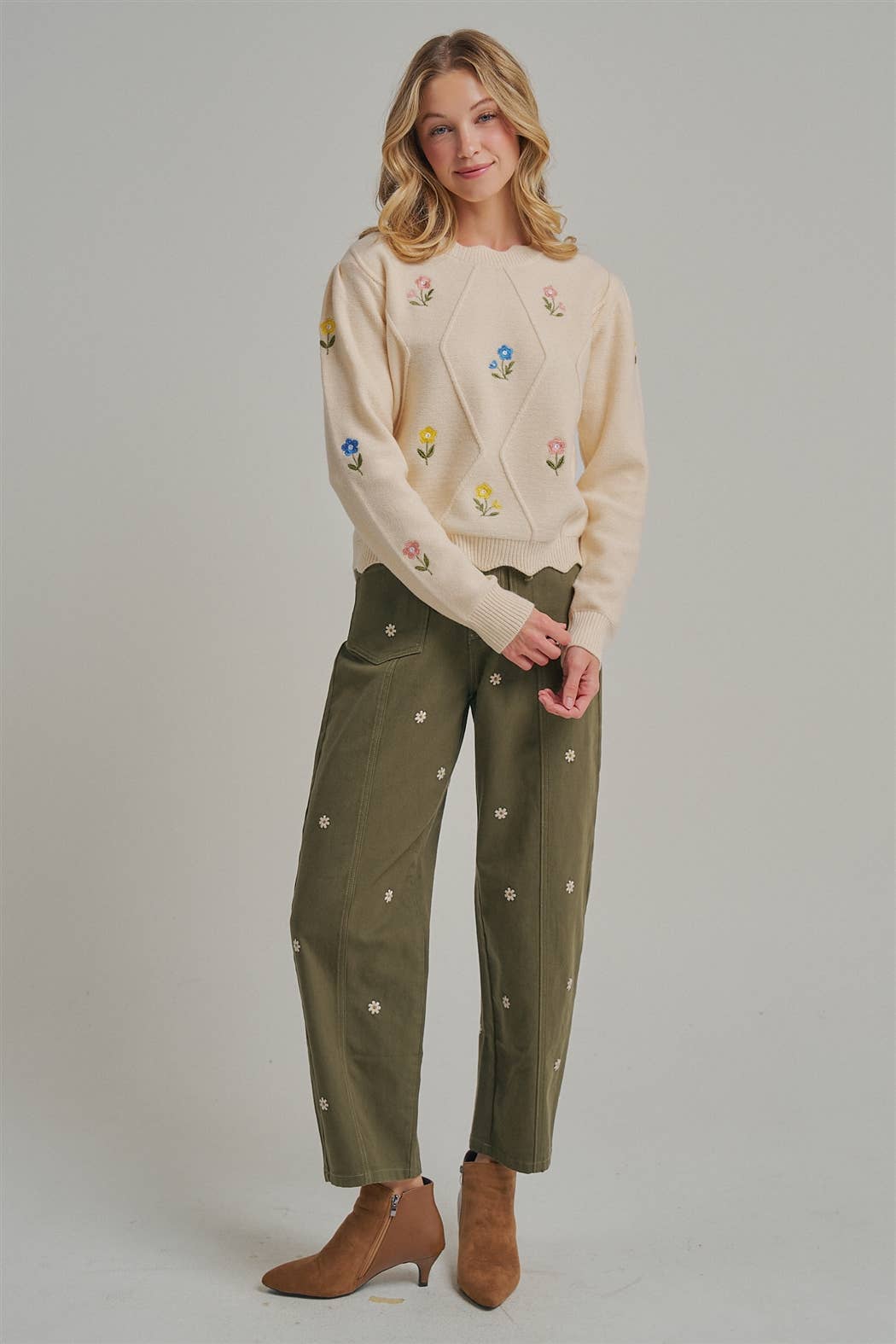 Floral Embroidered Slight Barrel Shaped Relaxed Pants