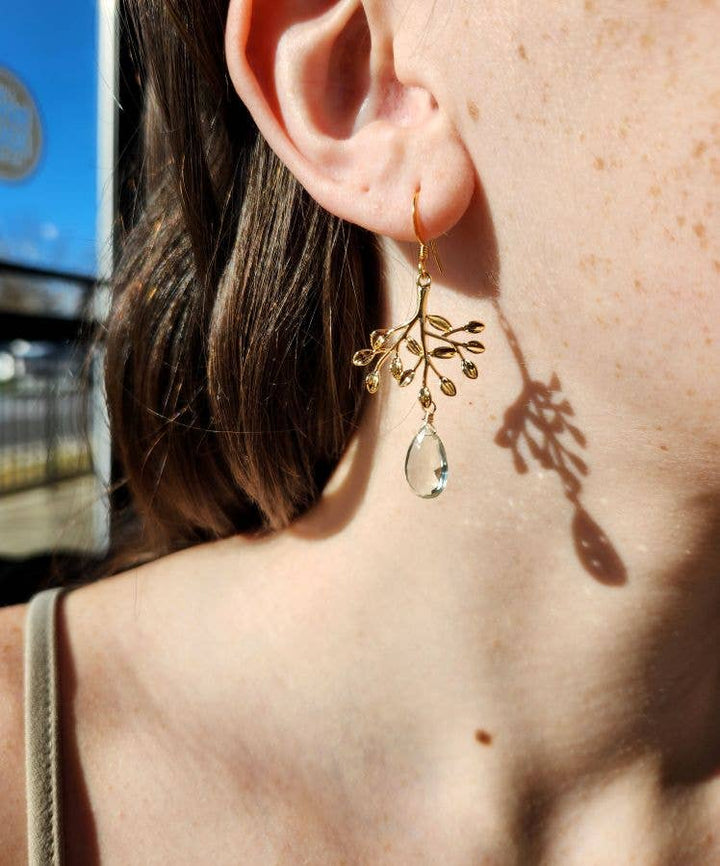 Green Amethyst Gold Tree Earrings
