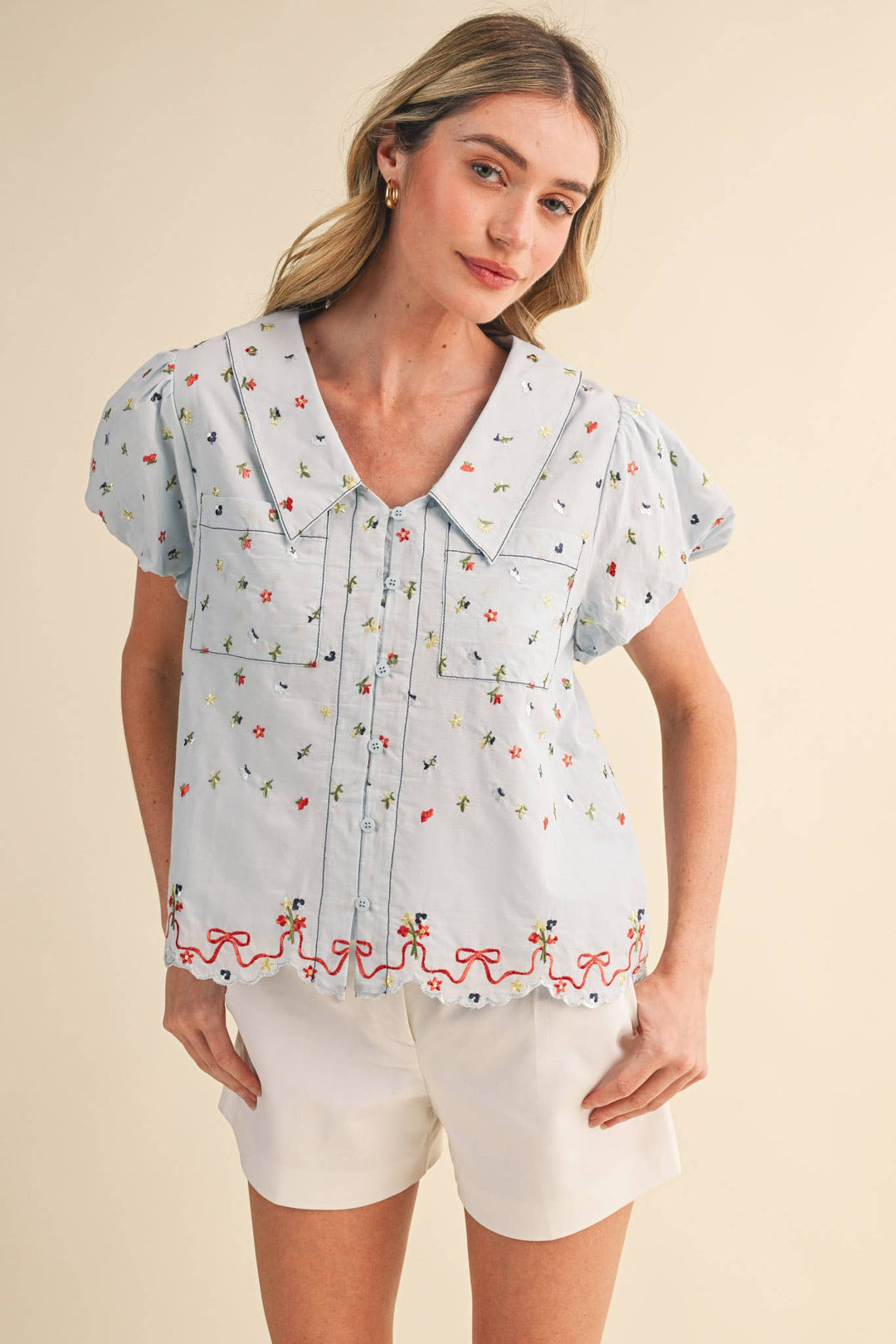 Embroidered Floral Bubble Sleeve Button Down in Baby Blue