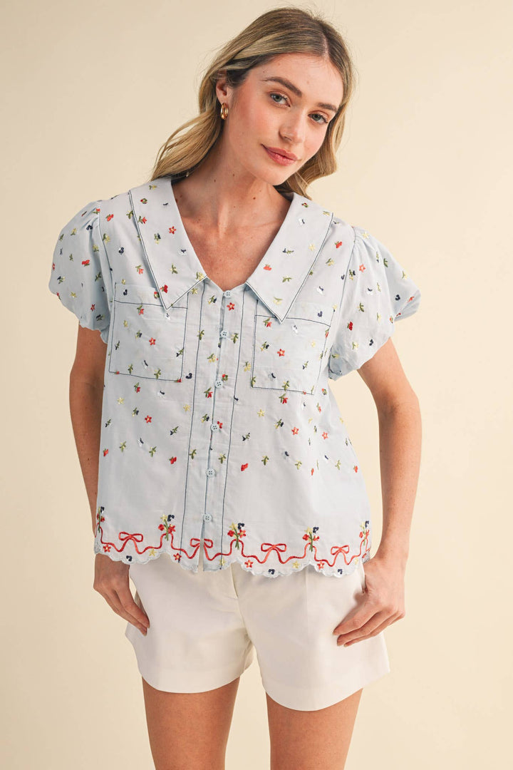 Embroidered Floral Bubble Sleeve Button Down in Baby Blue