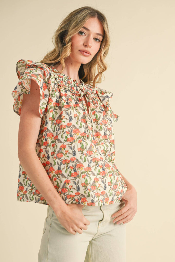 Floral Flutter Sleeve Smocked Top in Ivory
