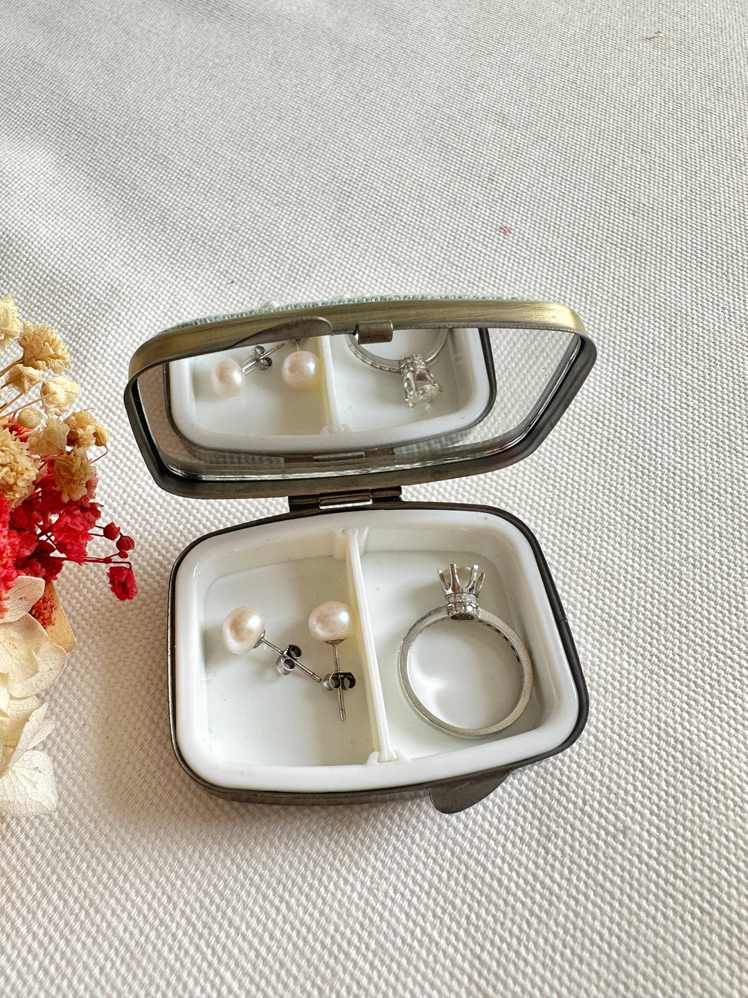 Floral Embroidered Rectangle Mini Jewelry Box With Mirror, 5 Styles
