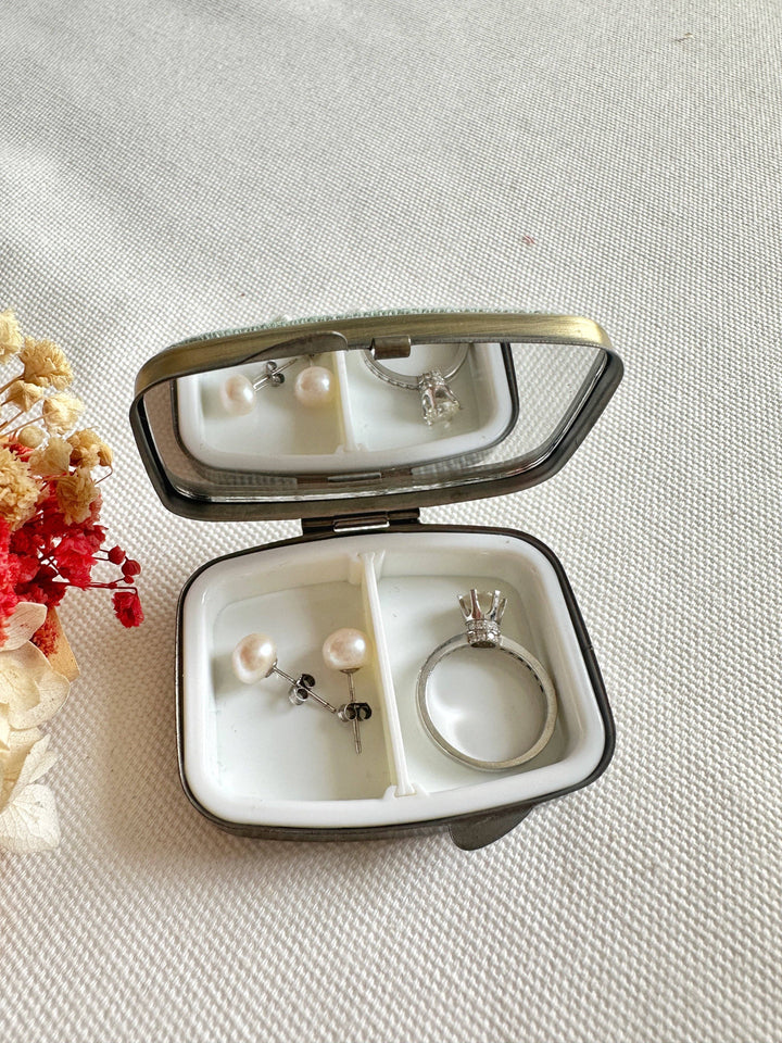 Floral Embroidered Rectangle Mini Jewelry Box With Mirror, 5 Styles