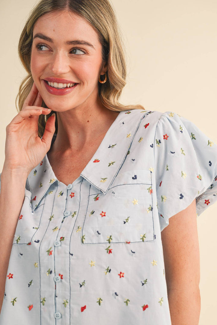 Embroidered Floral Bubble Sleeve Button Down in Baby Blue