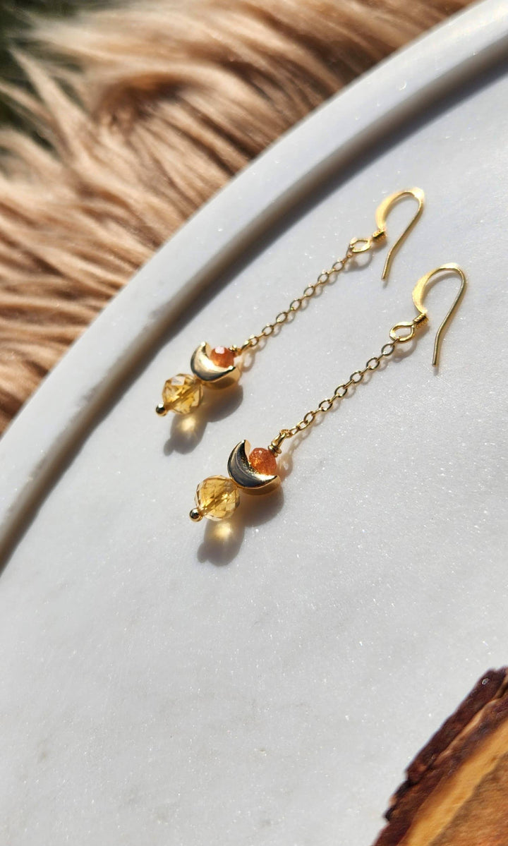 Citrine and Sunstone Crescent Gold Chain Earrings