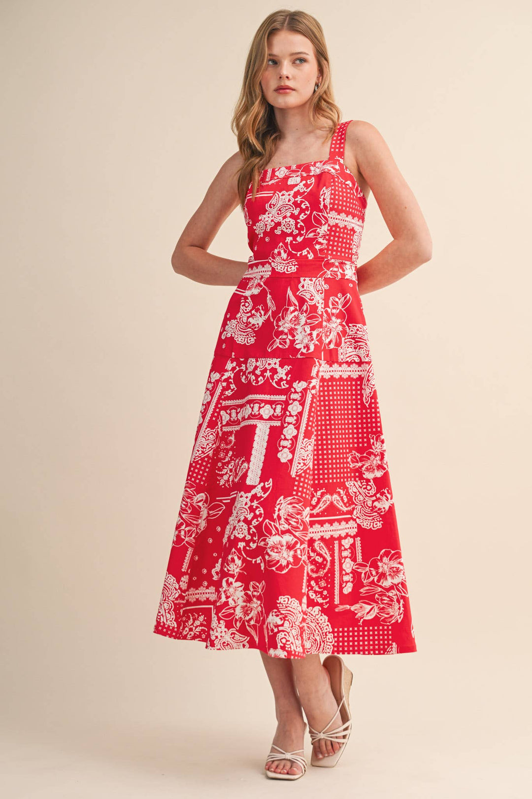 Floral Paisley Print Midi Dress in Red