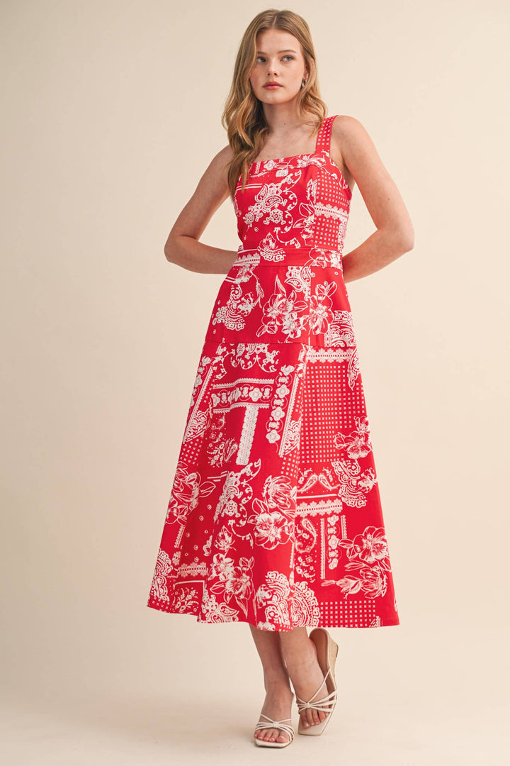 Floral Paisley Print Midi Dress in Red