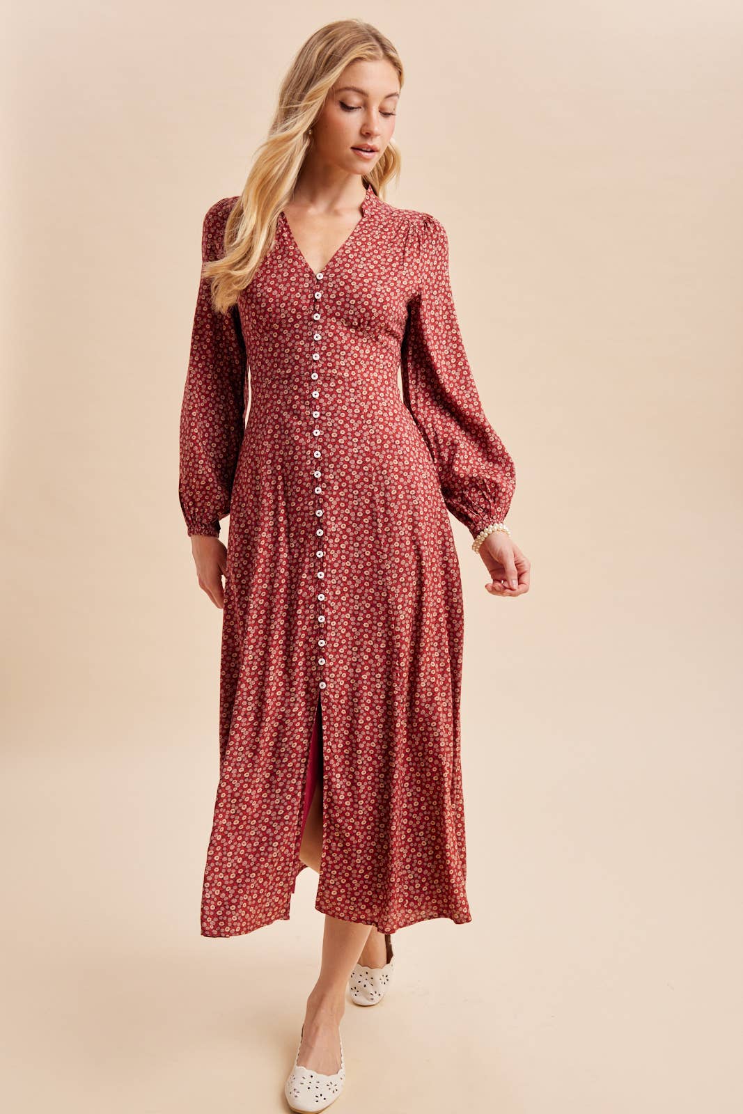 Long Sleeve Button Front Floral Maxi in Maroon