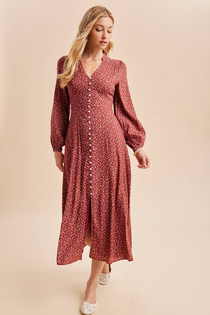 Long Sleeve Button Front Floral Maxi in Maroon
