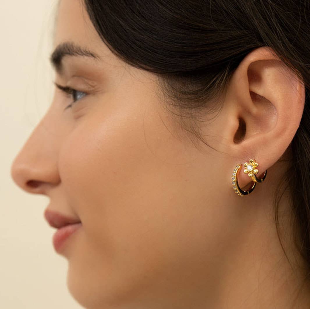 Gold Daisy Flower Huggie Hoop Earrings