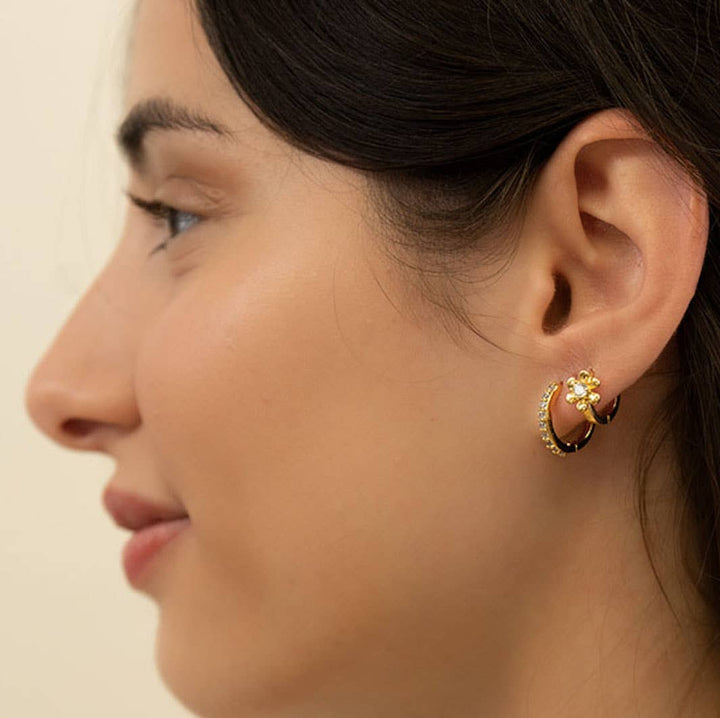 Gold Daisy Flower Huggie Hoop Earrings