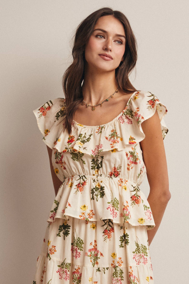 Floral Ruffle Neck Cotton Blouse