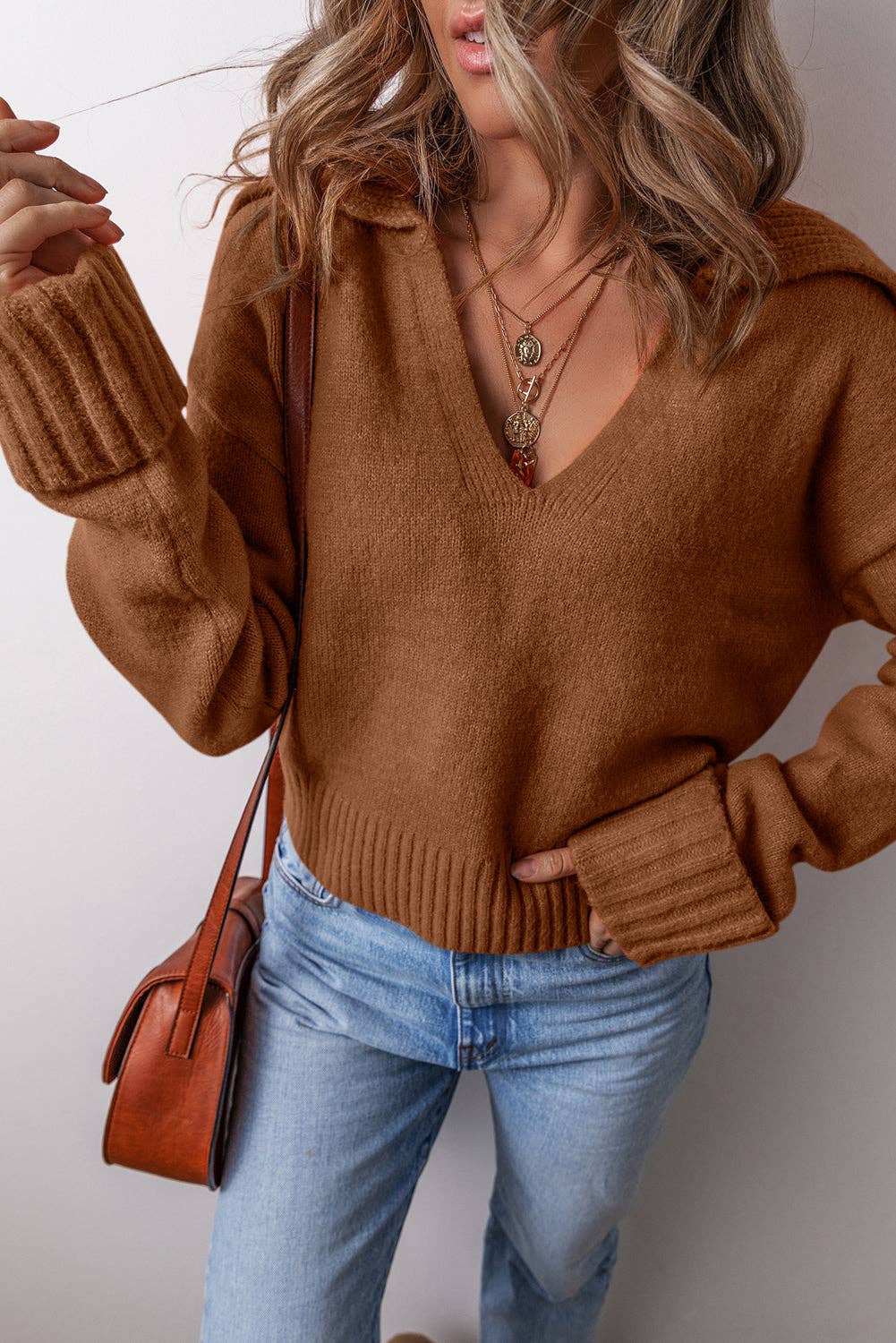 Collared V Neck Ribbed Edge Sweater