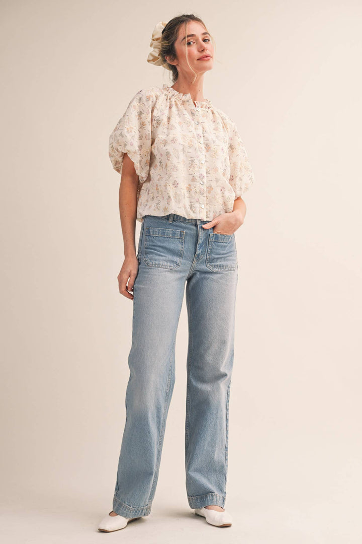 Ivory Floral Print Eyelet Bubble Top