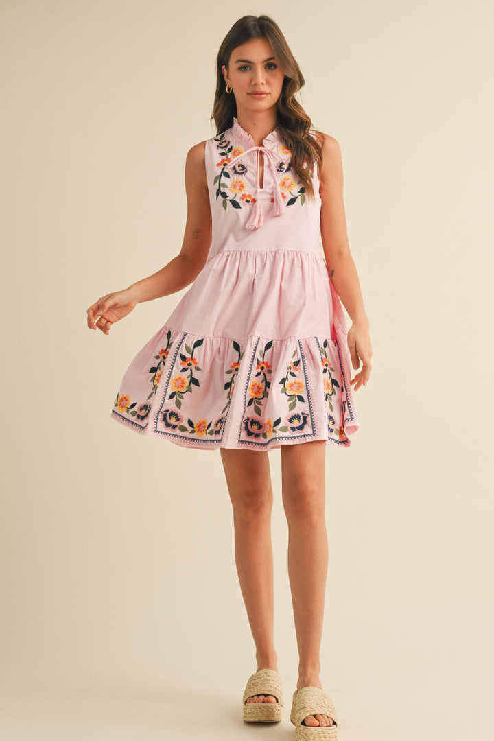 Pink Embroidered Mini Dress