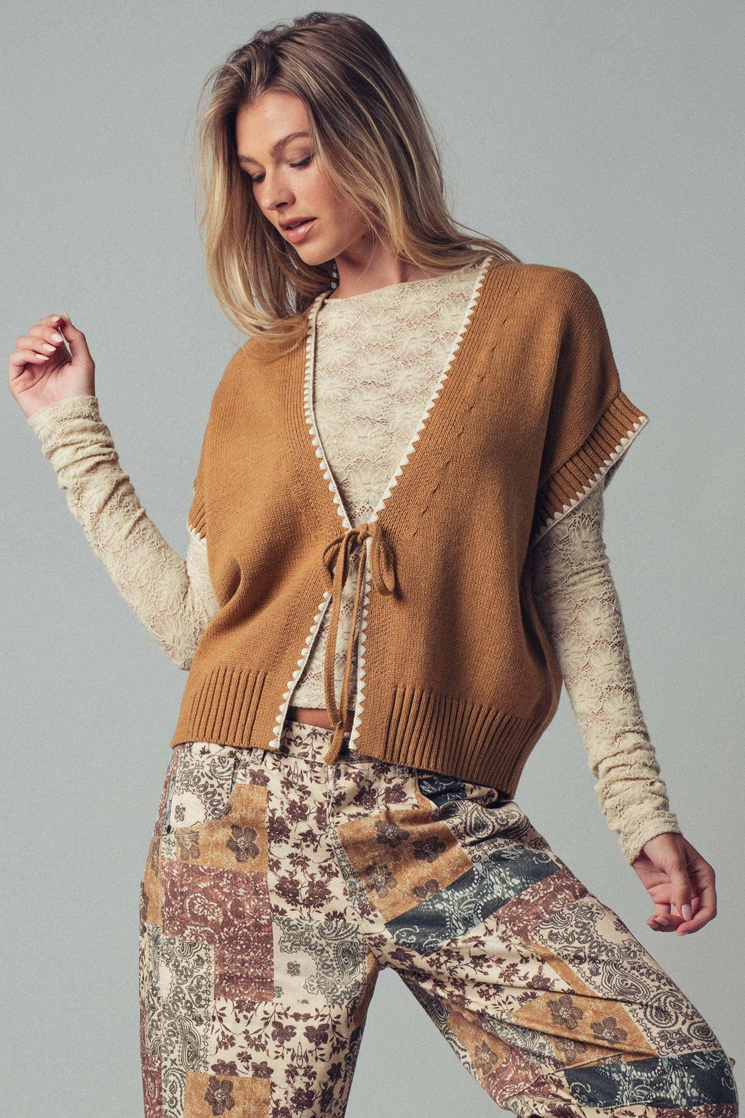 Crochet Trim Tie Front Knit Vest- 2 Colors