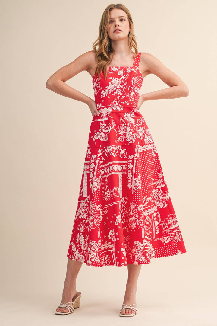 Floral Paisley Print Midi Dress in Red