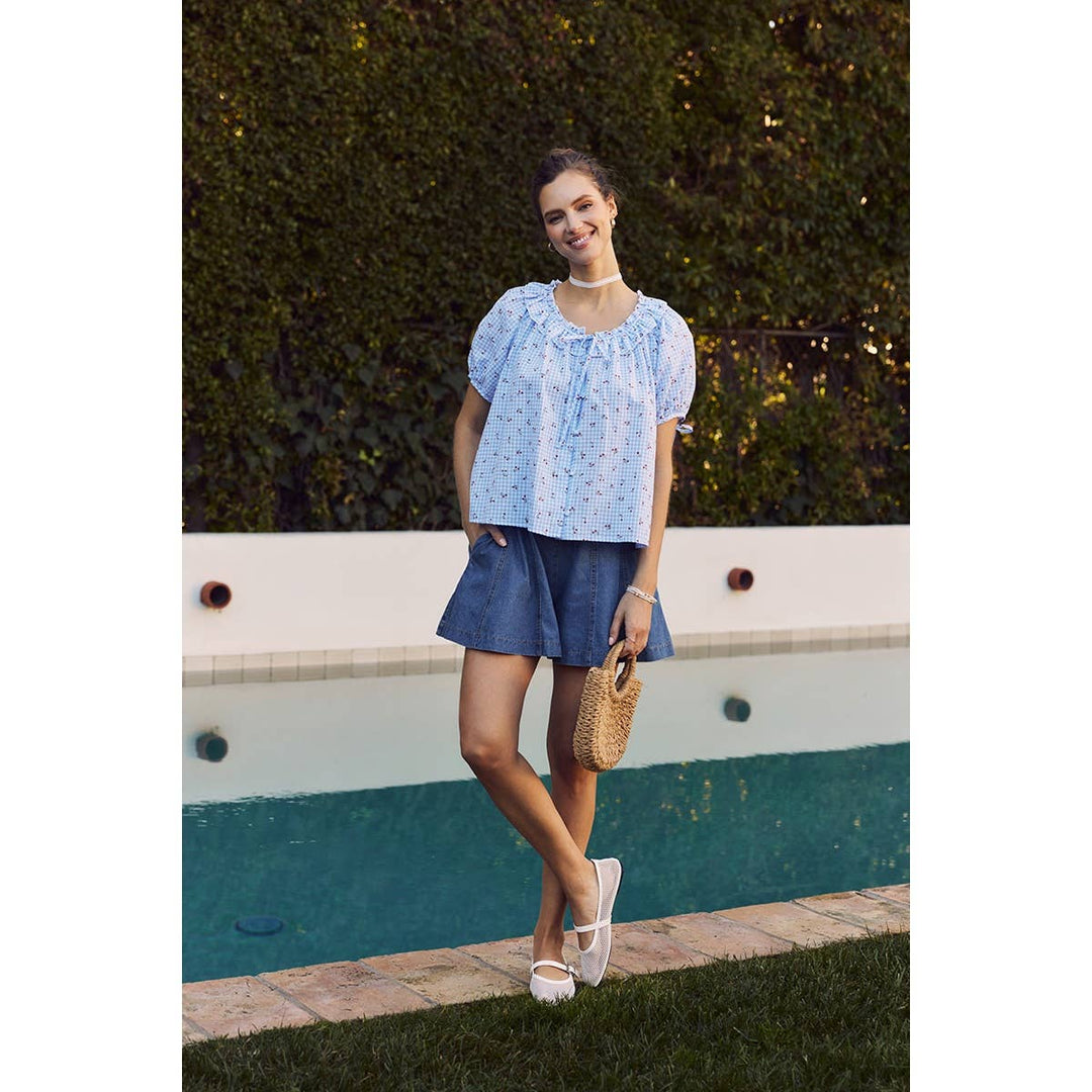 Summer Cherry Gingham Ruffled Blouse