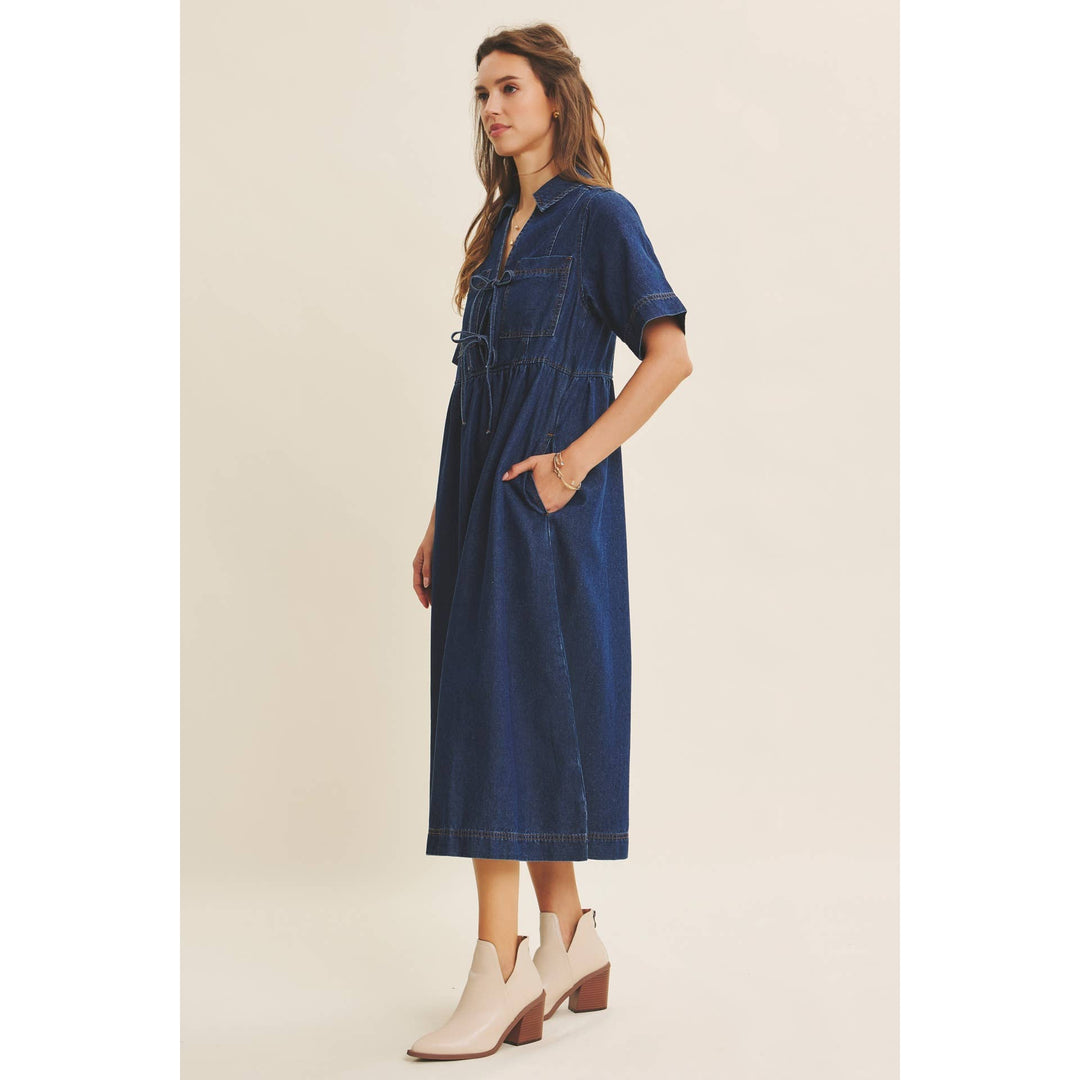 Dark Denim Washed Babydoll Midi Dress with Bow