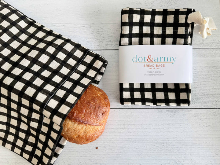 Black Grid Linen Bread Bags, set of two