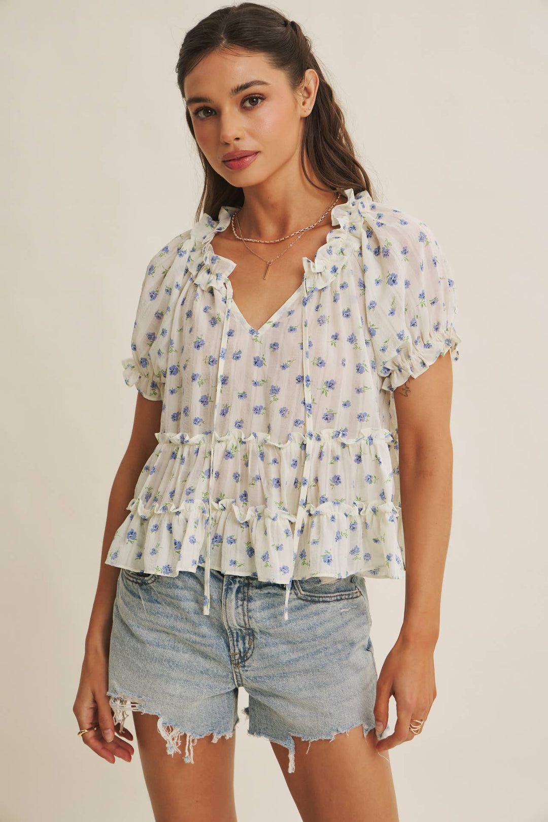 Textured Floral Ruffle Blouse