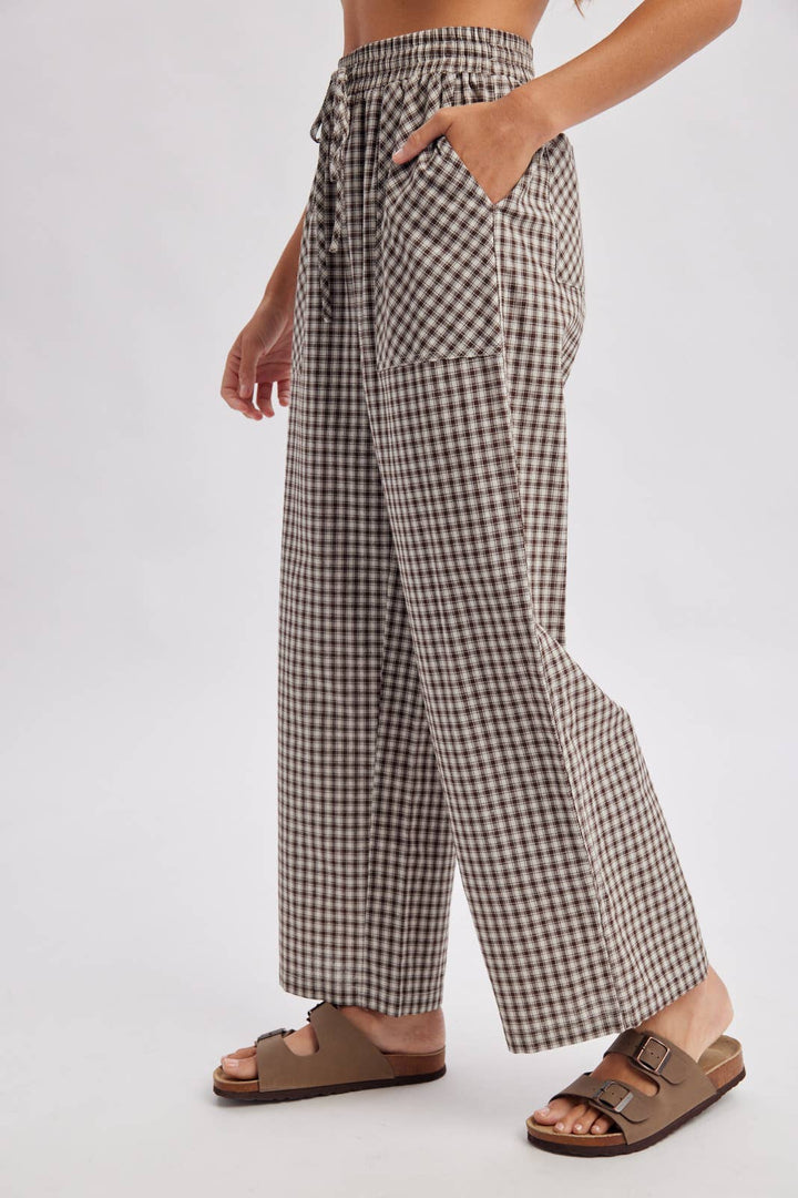 Plaid Patch Pocket Wide Leg Pants in Chocolate/Cream