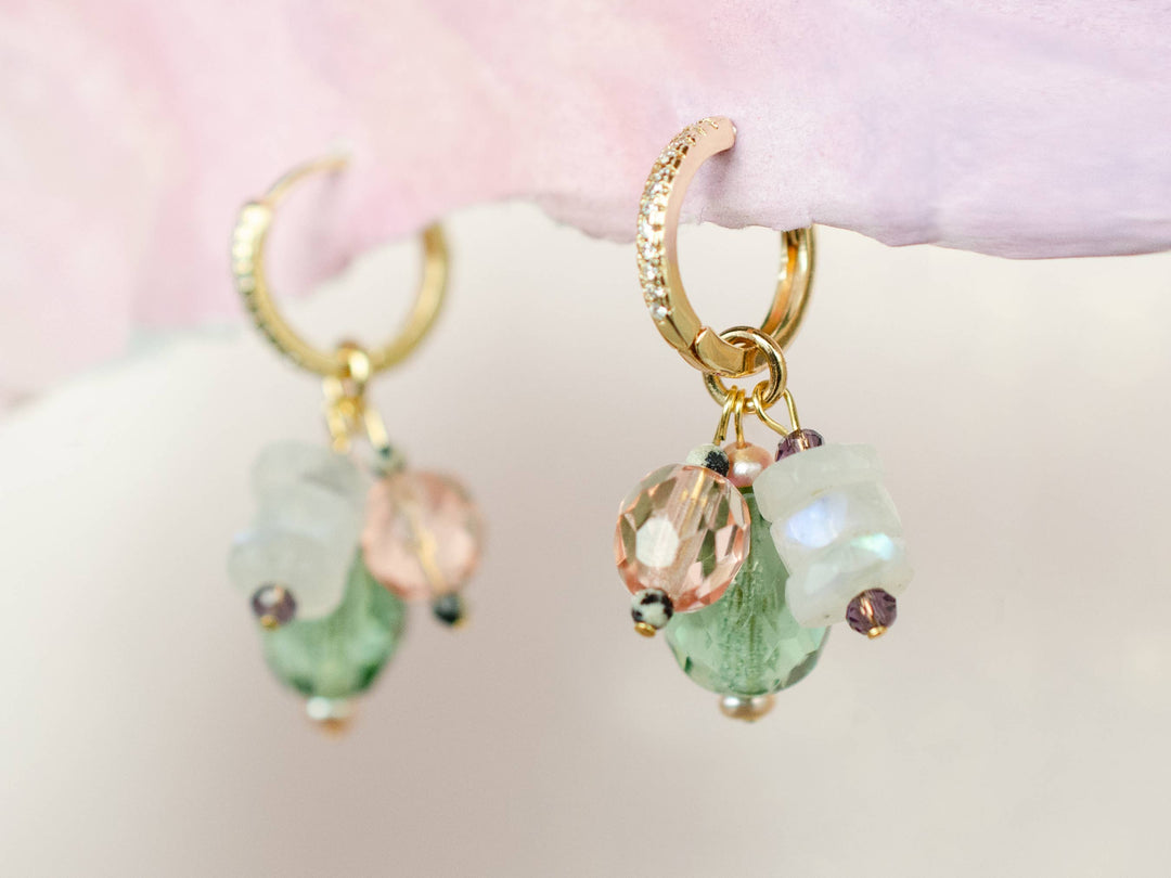 Isla Green &amp; Pink Moonstone Charm Hoops