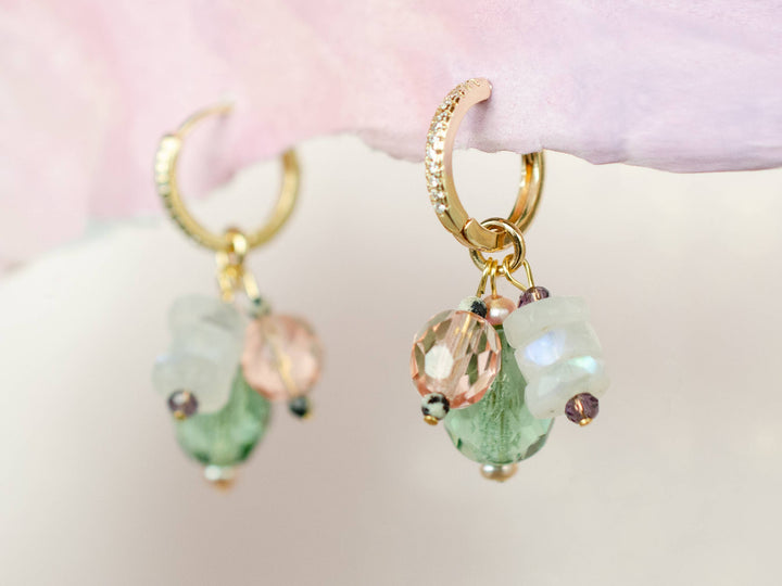 Isla Green &amp; Pink Moonstone Charm Hoops