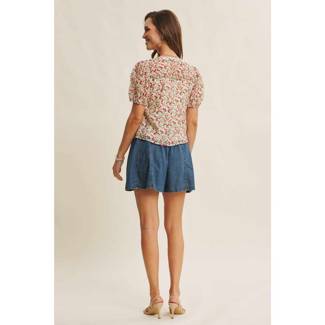 Cherry Puff Sleeve Button Down Blouse