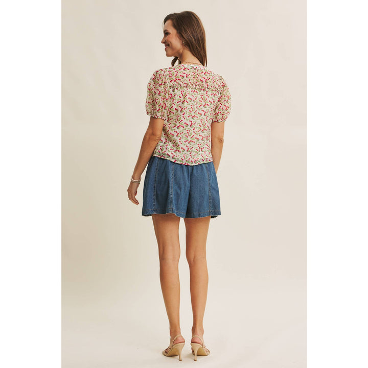 Cherry Puff Sleeve Button Down Blouse