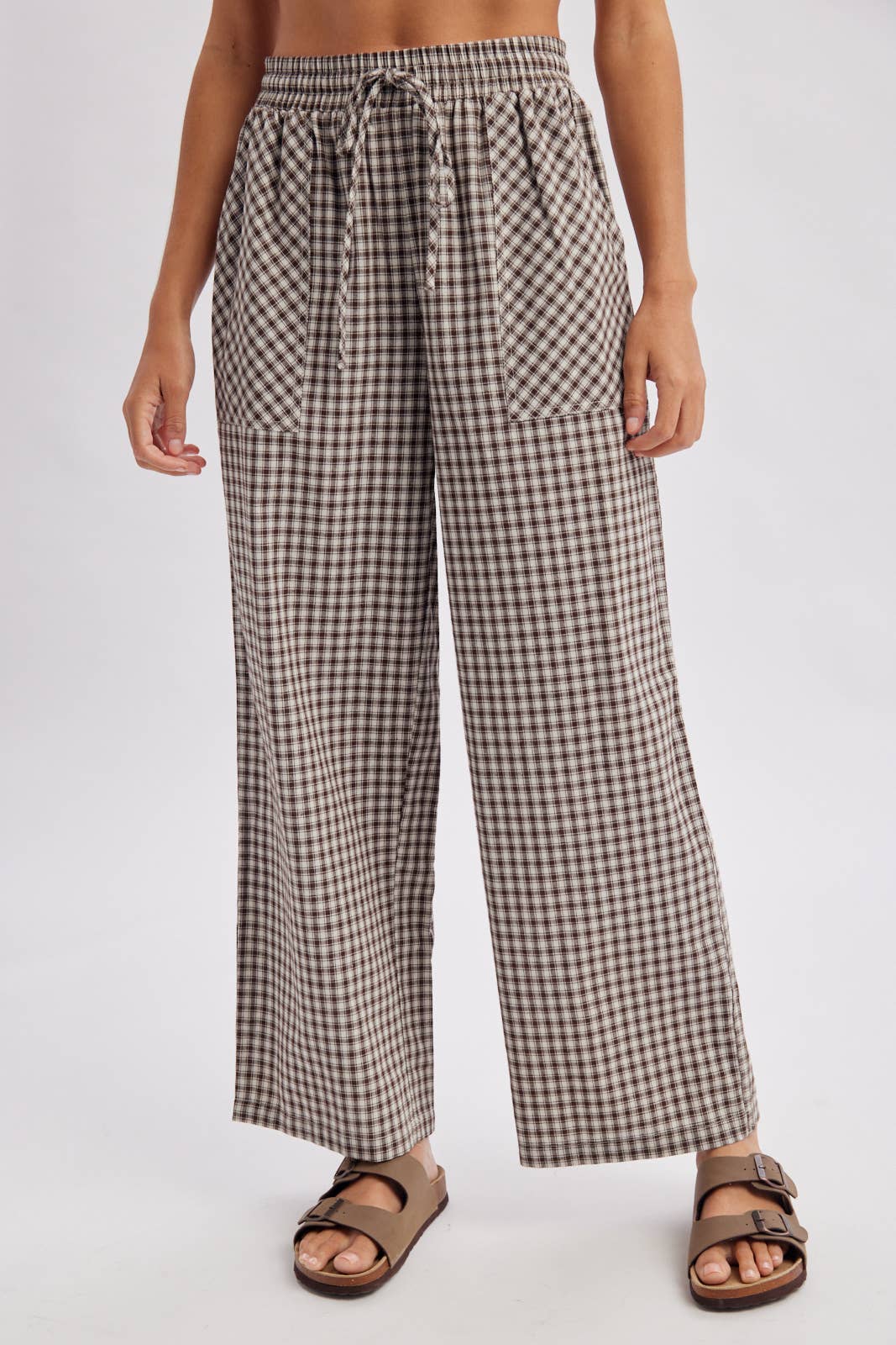 Plaid Patch Pocket Wide Leg Pants in Chocolate/Cream