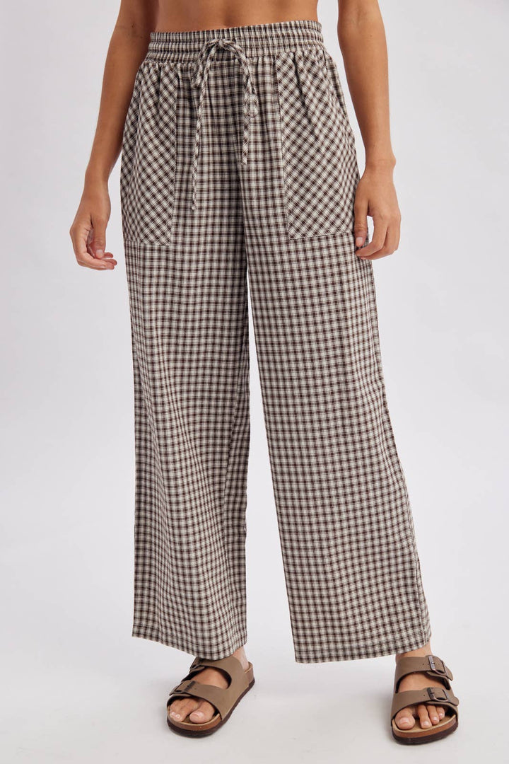 Plaid Patch Pocket Wide Leg Pants in Chocolate/Cream