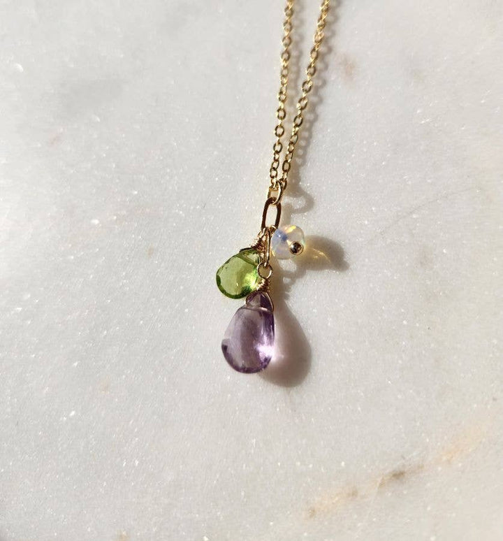 Light Amethyst, Peridot and Opal Gold Cluster Necklace