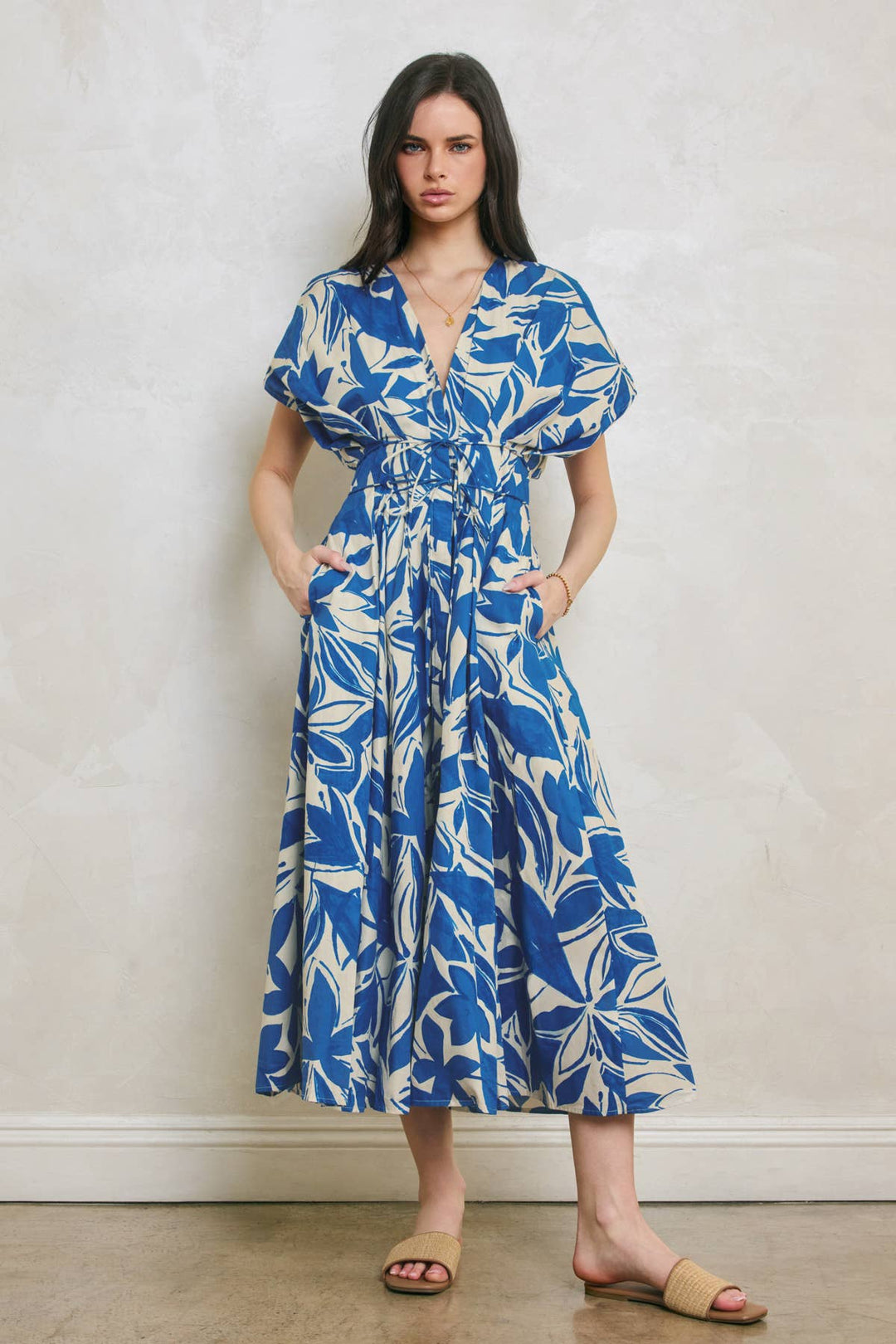 Mykonos Pleated Cinch Waist Midi Dress M Mykonos Pleated Cinch Waist Midi Dress M