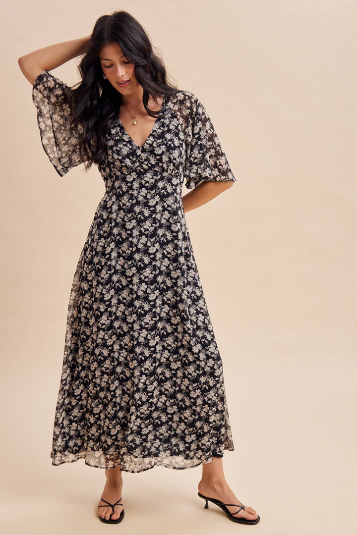 Flutter Sleeve Floral Maxi Dress in Black