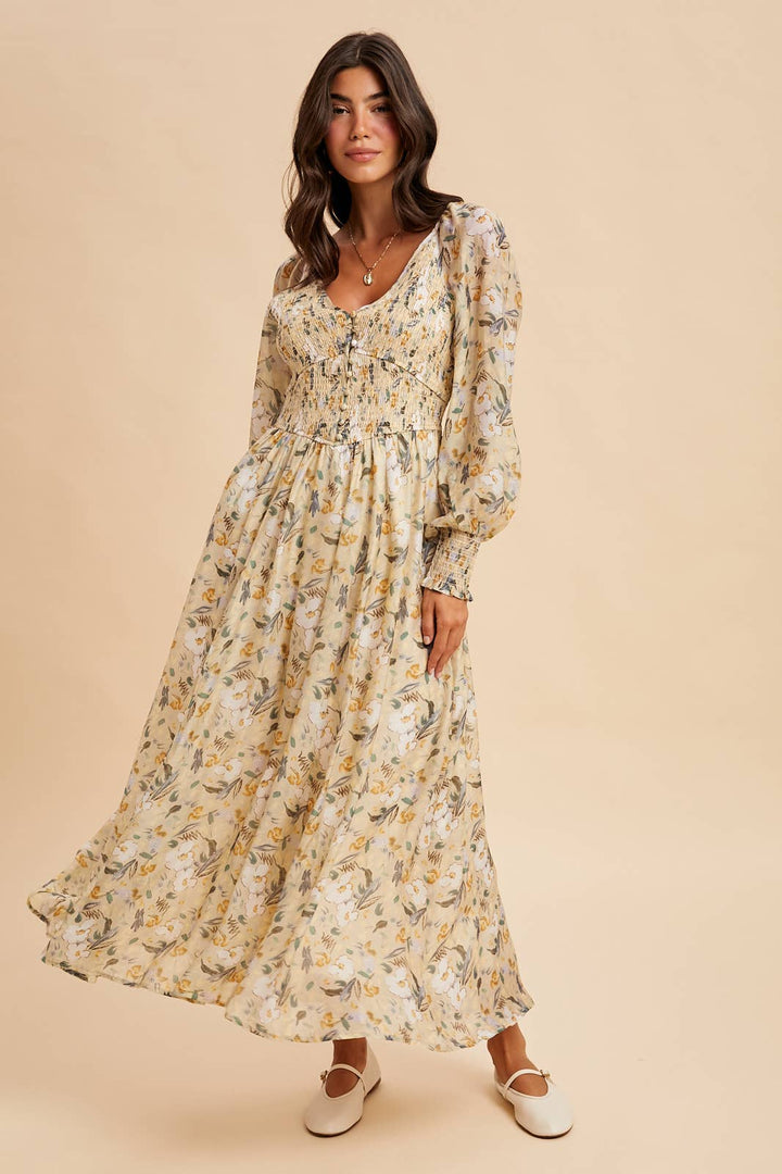 Smocked Floral Maxi Dress in Vintage Cream