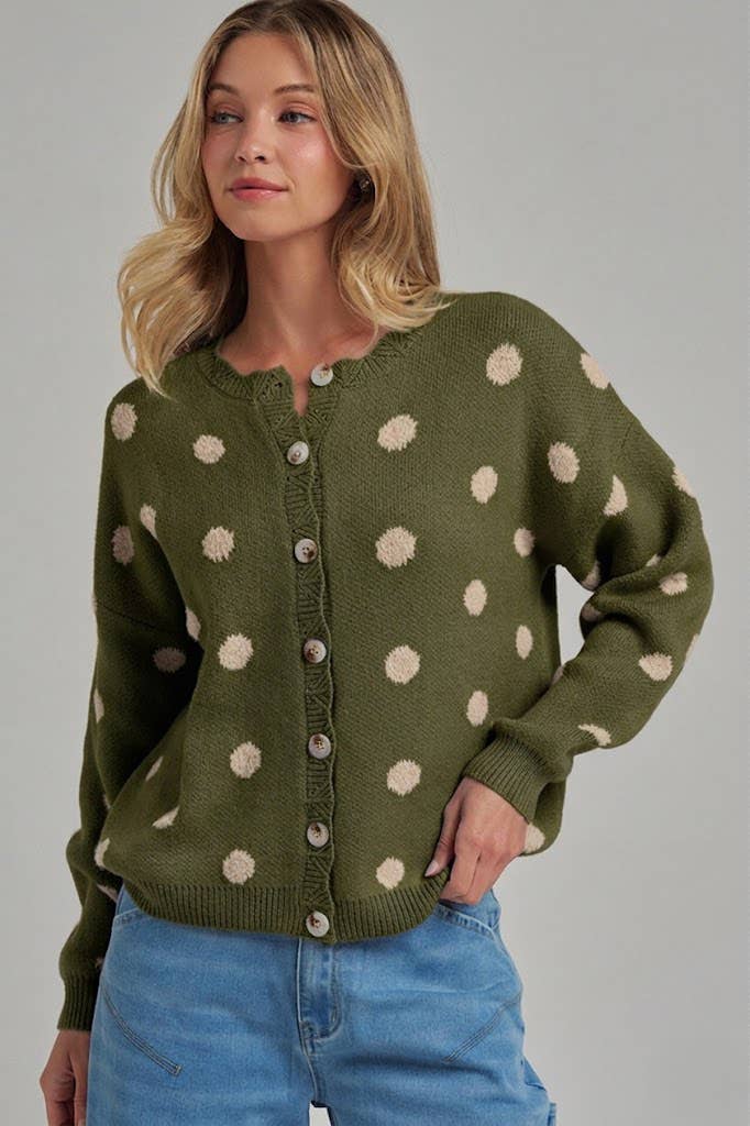 Polka Dot Cardigan in Olive &amp; Cream