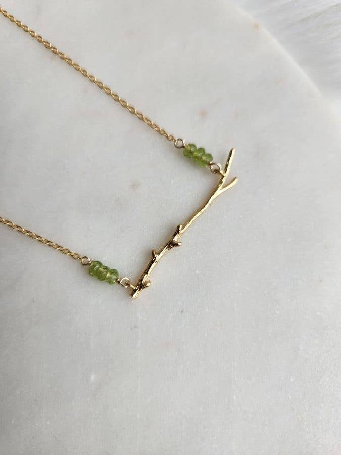 Gold Thin Branch and Peridot Necklace