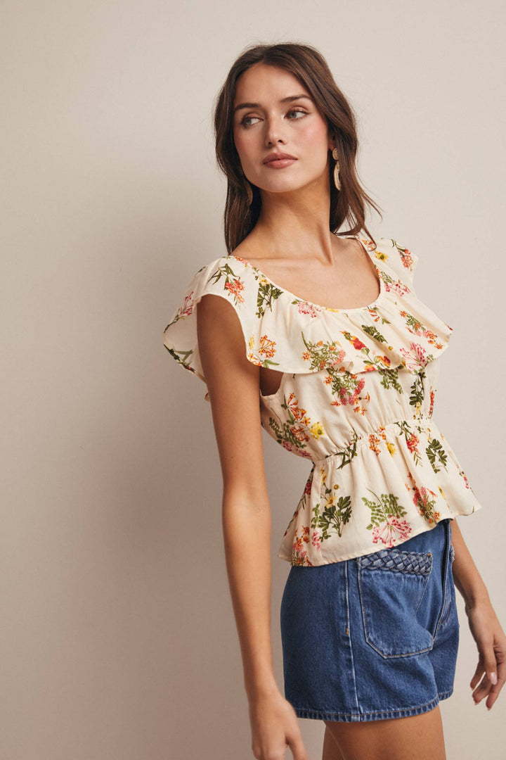 Floral Ruffle Neck Cotton Blouse