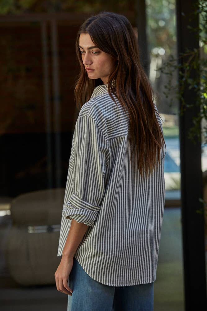 Blue Stripe Button Front Long Sleeve