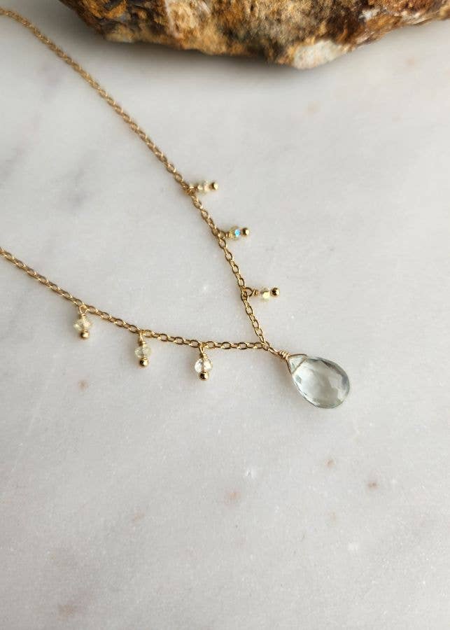 Green Amethyst and Yellow Crystal Gold Fringe Necklace