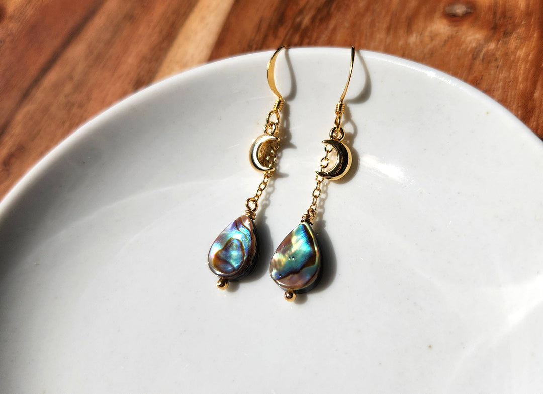 Moon Water Abalone Dainty Gold Chain Earrings