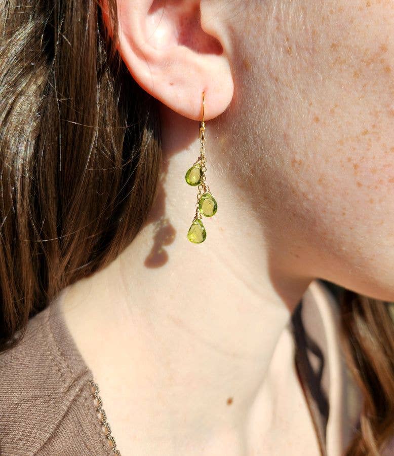 Peridot Triple Vertical Chain Gold Earrings