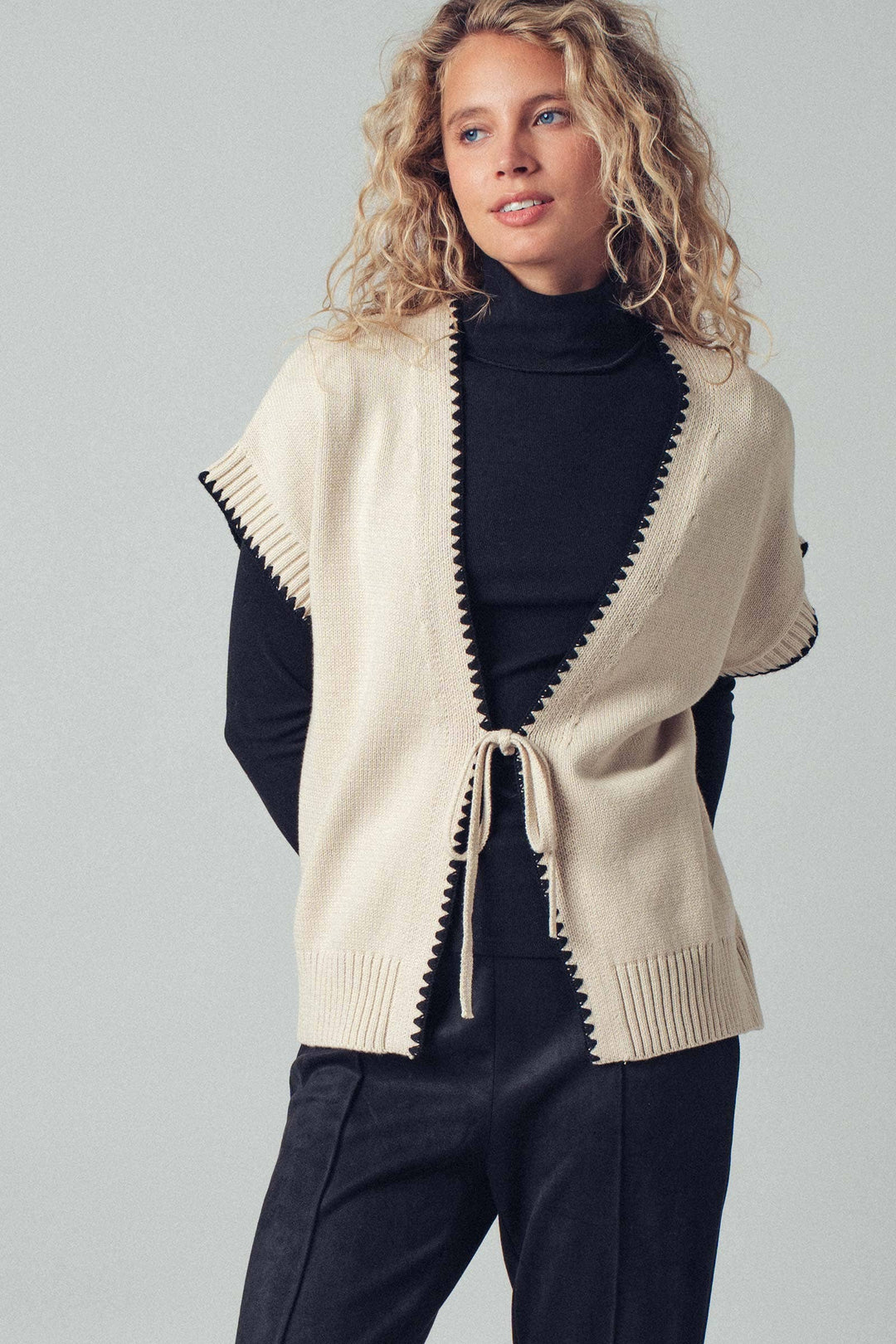 Crochet Trim Tie Front Knit Vest- 2 Colors