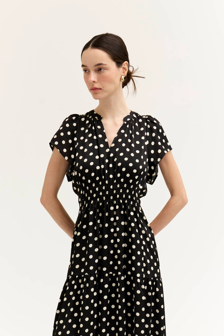 Satin Ruffle Midi Dress in Black and White Dots