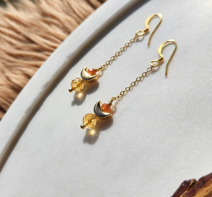 Citrine and Sunstone Crescent Gold Chain Earrings