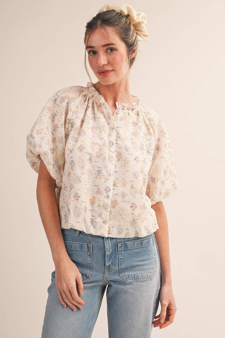 Ivory Floral Print Eyelet Bubble Top