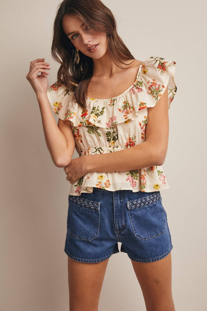 Floral Ruffle Neck Cotton Blouse